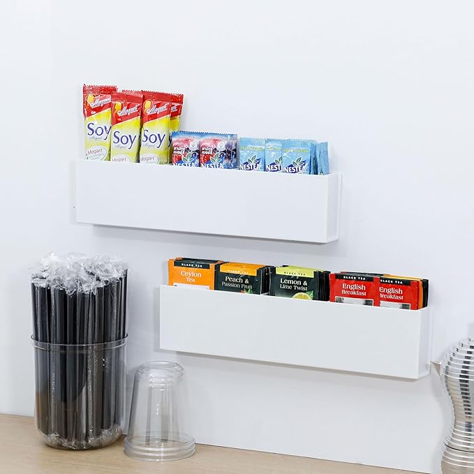 2 Pack Wall Mounted Storage Organizer, Plastic Adhesive Cabinet Door Rack for Kitchen and Bathroom, Under Sink, Vanity, Medicine Supplies, Marker Pen and Pencil Holder, White