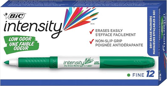 BIC Intensity Green Low Odor Dry Erase Markers, Fine Tip, 12-Count Pack of Erasable Markers With Low-Odor Ink for a Pleasant Writing Experience