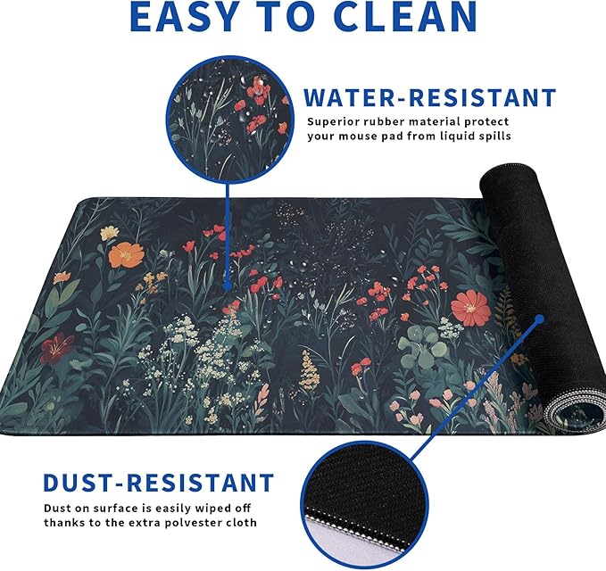 Flower Mouse Pad Abstract Big Mouse Pad 31.5x11.8 Inch Floral Texture Non-Slip Rubber Base Large Weeds Mousepad Stitched Edges Keyboard Mouse Mat Desk Pad for Office and Home