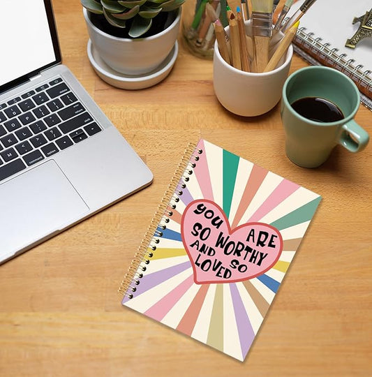 Colorful Boho Spiral Notebook, You Are So Worthy and So Loved Inspirational Journal, Positive Affirmation Journals for Writing, Motivational Notebooks for Note Taking, 5.5x8.3 Inch