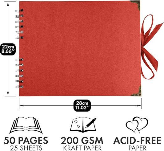 Bstorify Square Scrapbook Photo Albums 50 Pages (11 x 8.5 Inch) Red Thick Paper, Hardcover, Ribbon Closure - Ideal for Your Scrapbooking Albums, Art & Craft Projects (Red, 11 x 8.5 Inch)