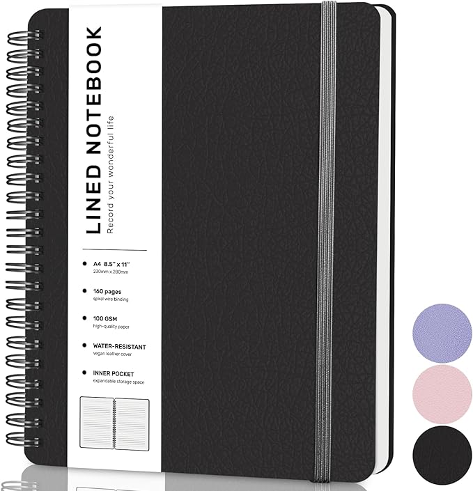 Lined Spiral Journal Notebook, A4 Spiral Notebook, 8.5''×11'' 100GSM Thick Paper Spiral Bound Journaling Notebooks for Work, School, Women, College Ruled Spiral Notebook for Note Business, Black