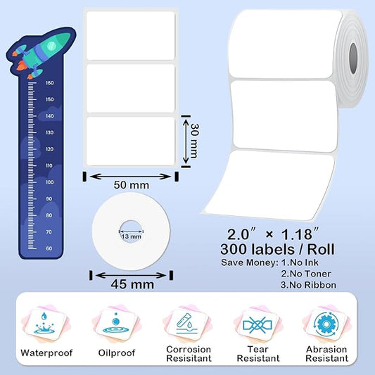 [300 Labels/Roll x 6] 50mm x 30mm Thermal Labels, 1.97''x1.18'' Label Maker Tape Refill, Weatherproof & Tear-Resistant Thermal Stickers Compatible for Phomemo M110, Supvan T50M Pro (White)