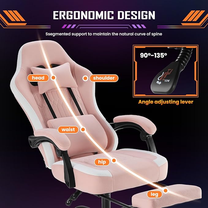 Sweetcrispy Computer Gaming Chair - High Back Ergonomic Desk Chair with Footrest and Lumbar Support, Height Adjustable Task Chair with Linkage Armrests and Headrest, 360° Swivel Wheels, Pink