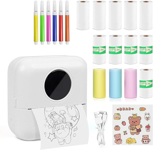 MXiiXM Mini Sticker Printer, Portable Pocket Smart Inkless Thermal Printer with 13 Roll Papers, Bluetooth Mini Printer for Notes, Photos, Stickers, Labels, Receipts (White)