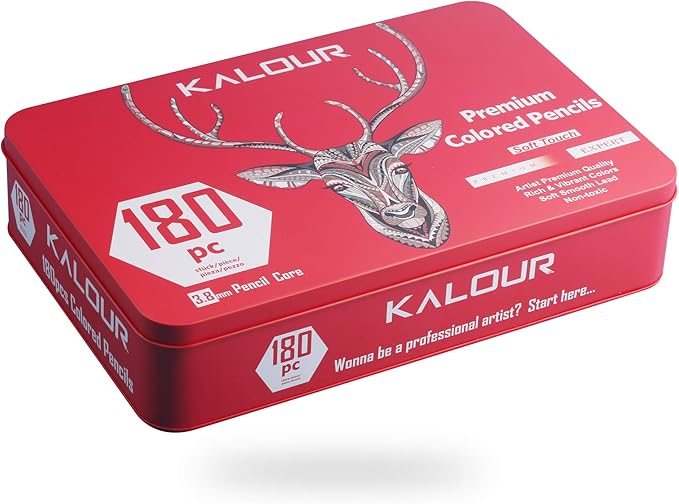 KALOUR 180 Colored Pencil for Artists - Rich Pigment Soft Core - Oil-Based - Ideal for Coloring Drawing Sketching Shading Blending - Vibrant Color（Tin Case）