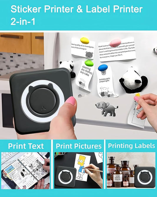 Sticker Printer - Print Pods Mini Printer with 14 Rolls Sticky Papers, Portable Sticker Maker Machine, Thermal Label Maker, Thermanote Phone Labeller for Photos Pictures Notes Graphics, Black