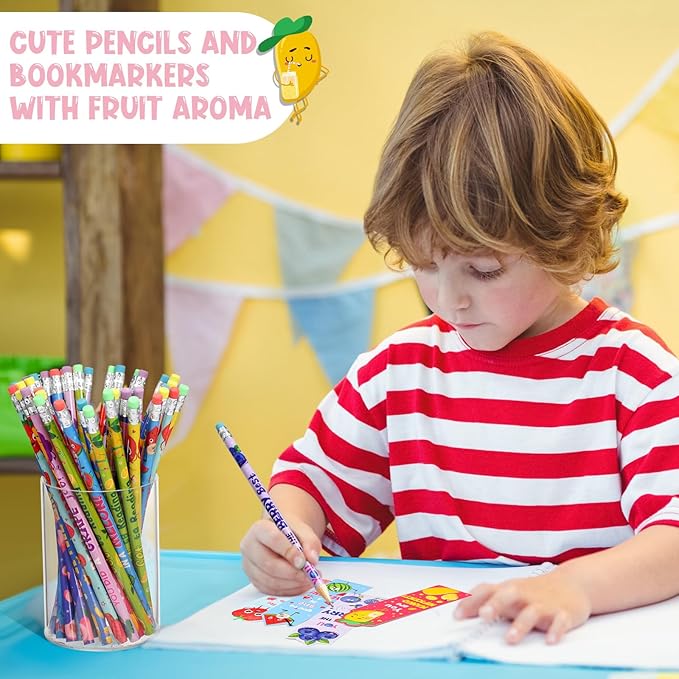 Ctosree 60 Sets Inspirational Pencils and Fruit Scented Bookmark Sets Positive Graphite Pencils Bulk Scratch and Sniff Book Marks Motivational Gifts for Kids Students Classroom Prizes Party Favors