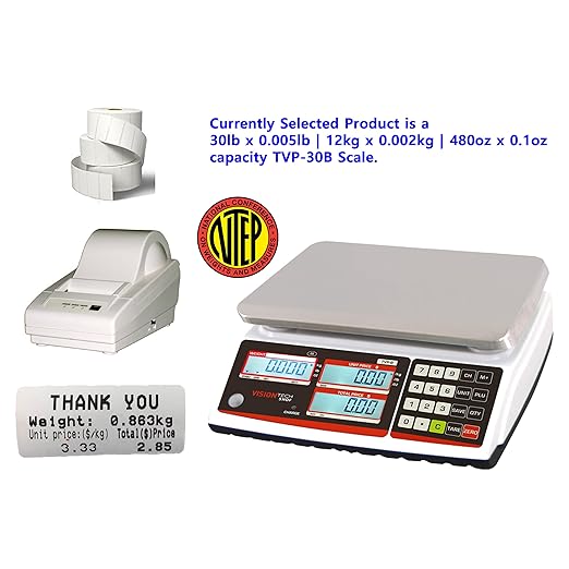 VisionTechShop TVP-30B Price Computing Scale, Lb/Oz/Kg Switchable, 30lb Capacity, 0.005lb Readability, NTEP Legal for Trade, NSF Certified, LP-50 Thermal Label Printer, 1 Case of Labels LST8060