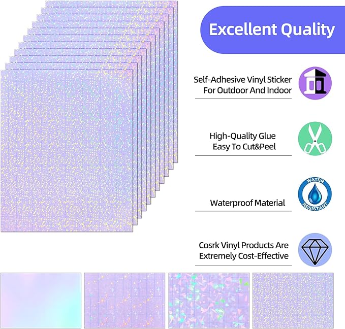 36 Sheets Holographic Sticker Paper, Transparent Holographic Vinyl Laminate Film, Clear Overlay Lamination Sticker Paper Self Adhesive Waterproof - Gem, Dot, Colorful, Star Patterns/8.5x11 inch