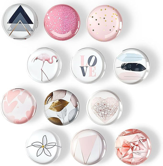 Cute Fridge Magnets, Round Crystal Glass Refrigerator Magnetic for Kitchen & Office Whiteboard Locker Accessories (12Pcs Pink)