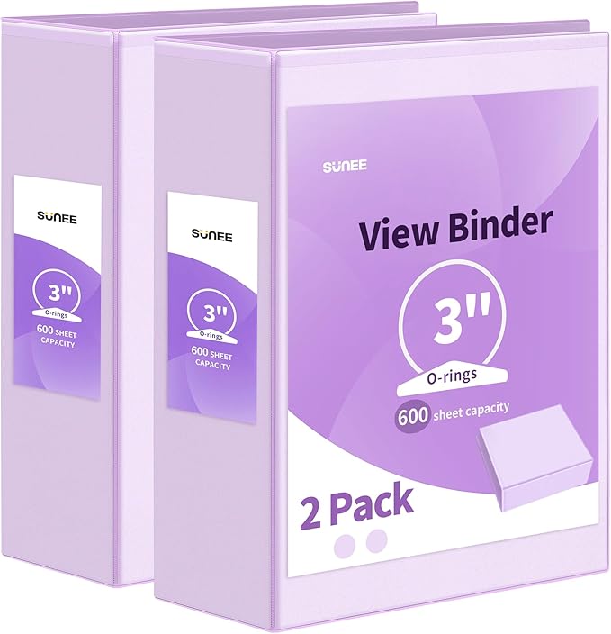 SUNEE 3 Ring Binder 1 Inch 2 Pack, Clear View Binder Three Ring PVC-Free (Fit 8.5x11 Inches) for School or Office Supplies, Purple