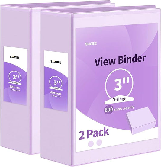 SUNEE 3 Ring Binder 1 Inch 2 Pack, Clear View Binder Three Ring PVC-Free (Fit 8.5x11 Inches) for School or Office Supplies, Purple