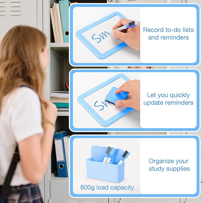 MoKo Locker Accessories Set, 15PCS Back to School Supplies Includes Magnetic Mirror, Whiteboard, Markers, Pen Holder, Magnets, Locker Organizer for School Office (Blue)