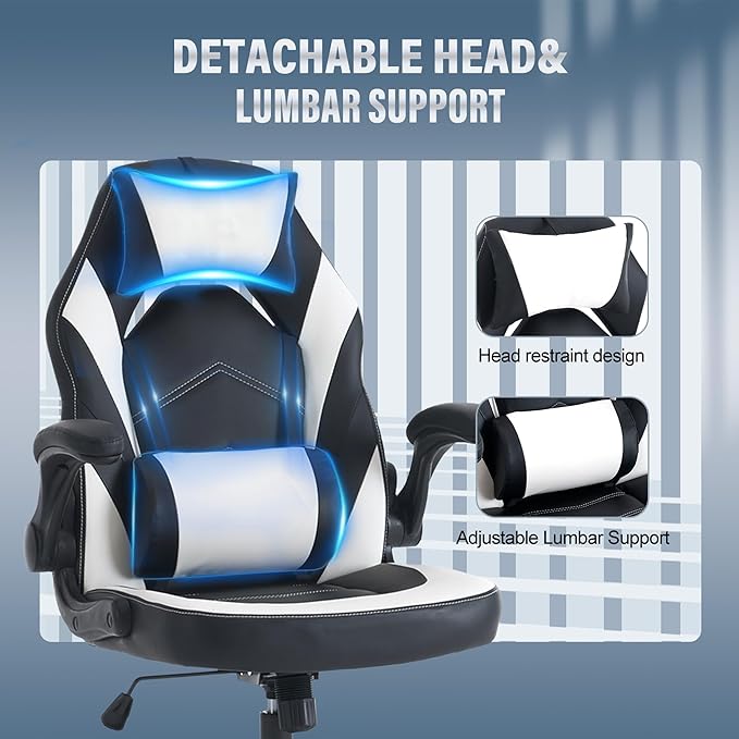 DUMOS Ergonomic Gaming Office Desk Chair with Flip-up Armrests for Adults, Height Adjustable PU Leather Video Game Computer Chair with 360° Rolling Wheels for Home and Office, Black White