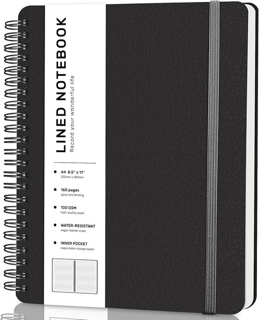 Lined Spiral Journal Notebook, A4 Spiral Notebook, 8.5''×11'' 100GSM Thick Paper Spiral Bound Journaling Notebooks for Work, School, Women, College Ruled Spiral Notebook for Note Business, Black
