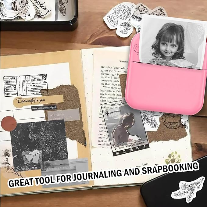 Inkless Mini Thermal Pocket Printer, Wireless Mini Sticker Printer with 10 Rolls Thermal Paper for iOS&Android, Portable Mini Photo Printer for Notes Journal Memo Photo Study, Pink