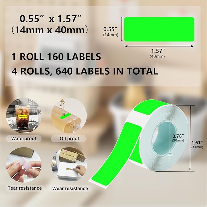 Thermal Label Tape Colored 14x40mm Fluorescent Green Printable Return Address Labels 14mm Waterproof Stickers Compatible with D30 Portable Thermal Printer, 4 Rolls, 640pcs, 0.55"x1.57"
