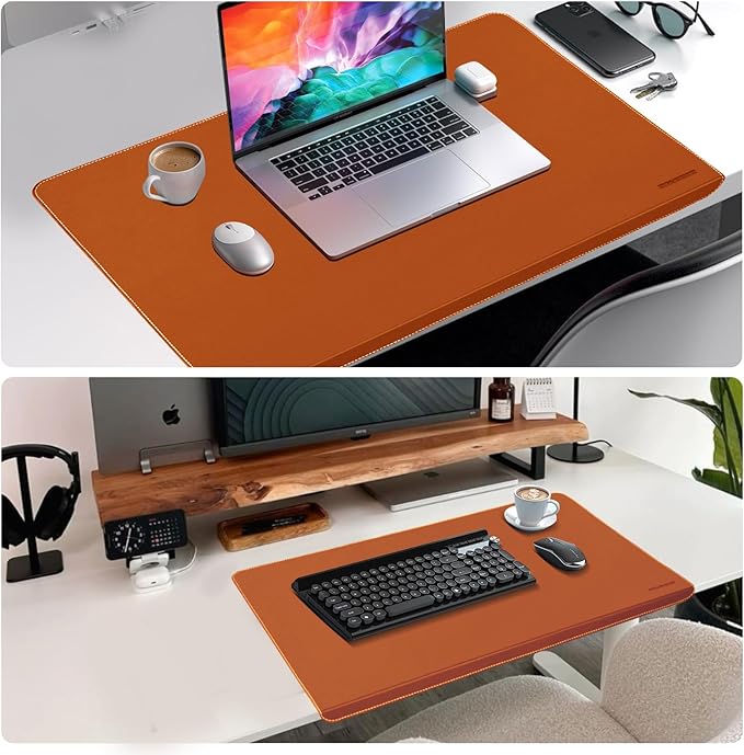 Desk Mat with Lip & Reinforced Stitched Edge|Non-Slip Waterproof PU Leather Desk Pad|Ergonomic Keyboard Mouse Pad with Edge Protector|for Office, Home, Study(28.74" x 16.73",Brown)