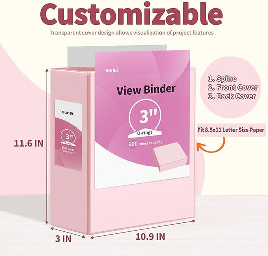 SUNEE 3 Ring Binder 3 Inch 2 Pack, Clear View Binder Three Ring PVC-Free (Fit 8.5x11 Inches) for School or Office Supplies, Pink