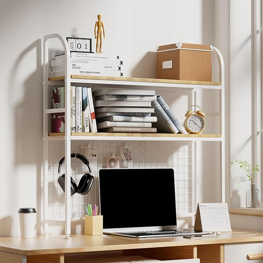 2-Tier Desktop Hutch Bookshelf - Metal Desk Shelf Bookcase with Grid Panel, Countertop Storage Organizer Rack for Dorm or Office, White, 37.4" W