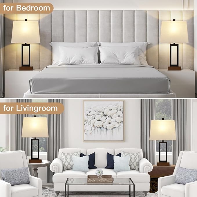 Table Lamp for Bedroom Set of 2 with 2 USB Ports and AC Power Outlet, 23.5" Modern Bedside Lamp, Wood Nightstand Lamp with Linen Shade for Living Room Hotel Desk(LED Bulb Included)
