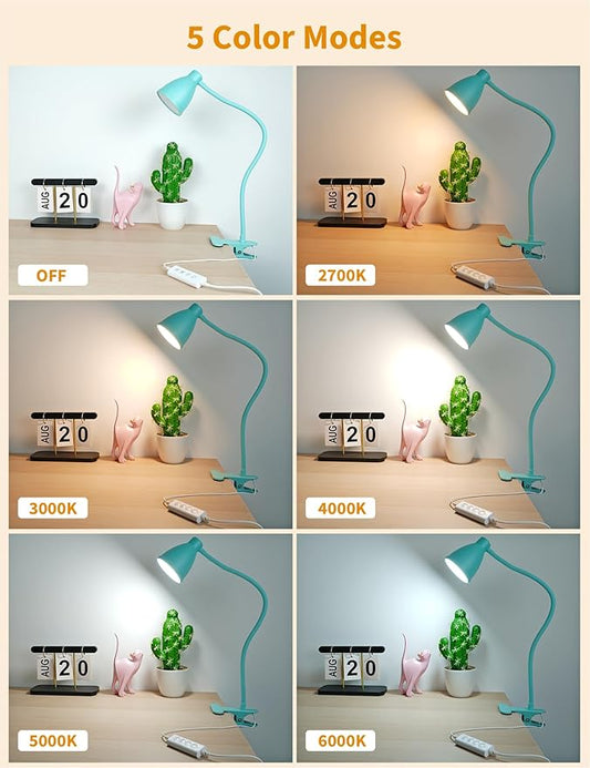 BOHON Desk Lamp with Clamp, 10W 38 LED Clip on Light, 5 Color 10 Brightness Auto Off Timer, Flexible Gooseneck Clip Lamp, Desk Lights for Office Home Bed Bedside Reading, Adapter Include, Teal