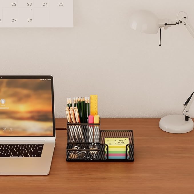 Mesh Pen Holder for Desk 3 Compartment Desk Organizer for Pens Pencils Sticky Notes Office Accessories
