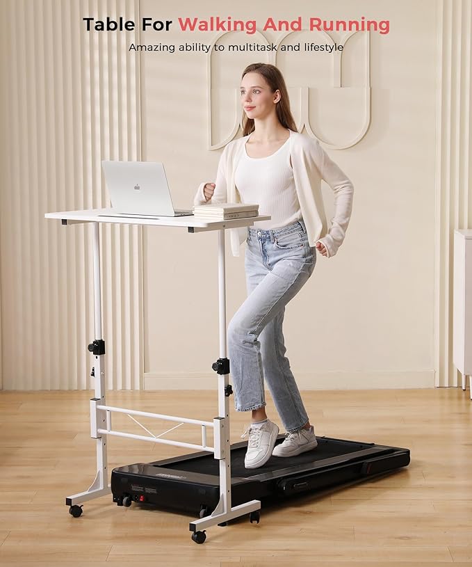KLSMYHOKI Standing Desk Adjustable Height, Mobile Stand Up Desk with Wheels Small Computer Desk Rolling Desks, Portable Laptop Desk White Standing Table Home Office Desks 16"x31.5" Height 27"-43.5"