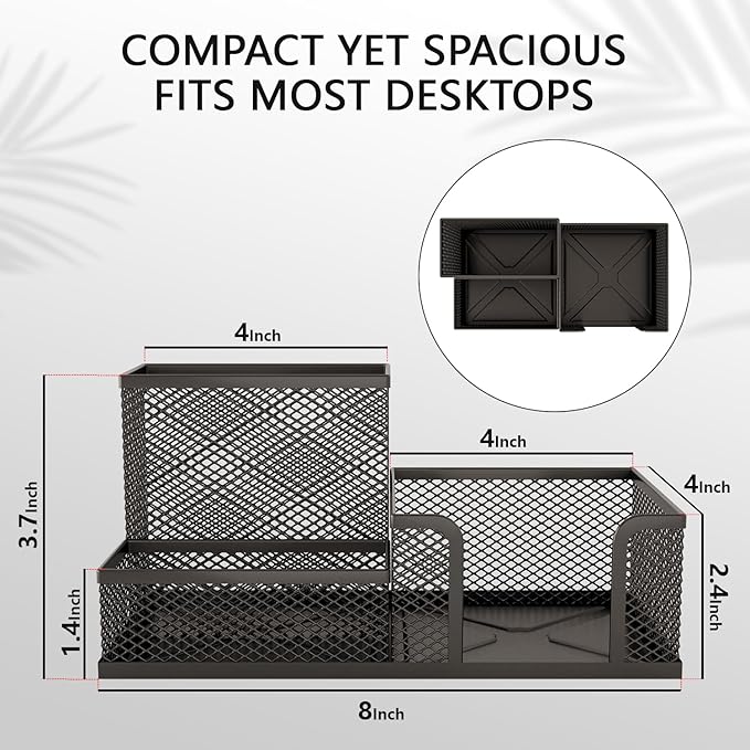 Mesh Pen Holder for Desk 3 Compartment Desk Organizer for Pens Pencils Sticky Notes Office Accessories