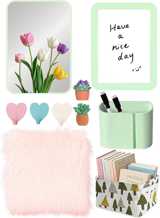 12 Pcs Green Locker Accessories Kit Locker Organizer for Girls, Magnetic Whiteboard Magnet Locker Mirror Rug Pen Holder Storage Basket Hook, Back to School Locker Kit for School Locker Decor Office