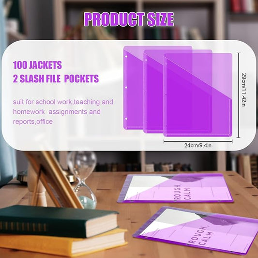 Seajan 100 Pcs Pocket Folders for 3 Ring Binder Clear Plastic Folders Sleeves with 2 Pockets 3 Hole Punch Binder Dividers Poly Slash File Jackets for Office School Document Organizer (Purple)
