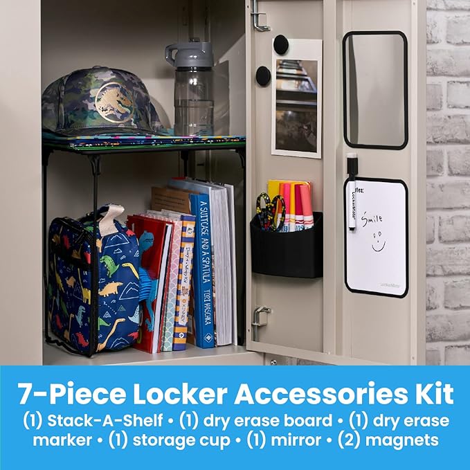 LockerMate 7-Piece Locker Organizer Kit, Includes Locker Shelf, Mirror, Whiteboard, Storage Cup & Dry Erase Marker - Black