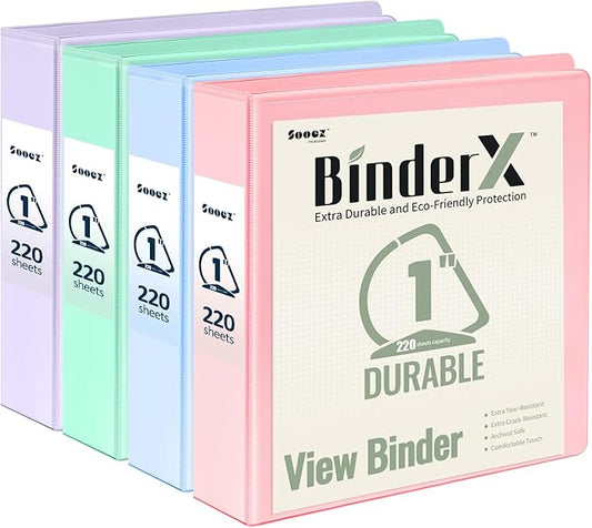 Sooez BinderX Extra Durable 4 Pack 1 Inch 3 Ring Binder, D-Ring Large Binder, Holds 880 Sheets of 8.5x11 Paper, Customizable View Cover with Inside Pocket, Pastel