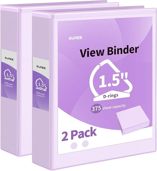 SUNEE 3 Ring Binder 1.5 Inch D Ring, Clear View Binder Three Ring PVC-Free (Fit 8.5x11 Inches) for School or Office Supplies, Purple, 2 Pack