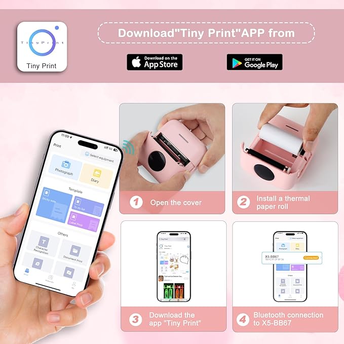 Mini Pocket Bluetooth Printer-Portable Thermal Printer with 5 Roll Papers for Journal/DIY Scrapbook/Travel/Notes/Lists/Label/Memo for Children Women Gifts Kids Christmas iOS&Android