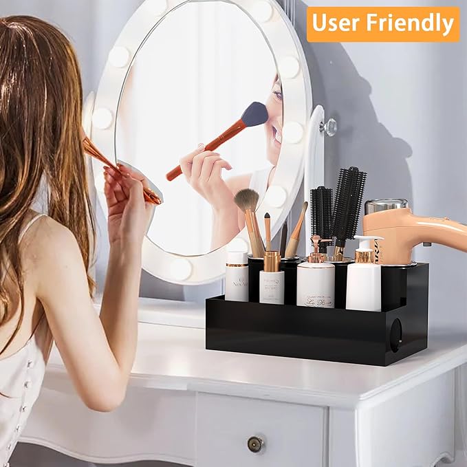 Hair Tool Organizer, Black Acrylic Hair Dryer Holder with 3 Cups, Bathroom Supplies Countertop Blow Dryer Holder, Vanity Caddy Storage Stand for Accessories, Makeup, Toiletries