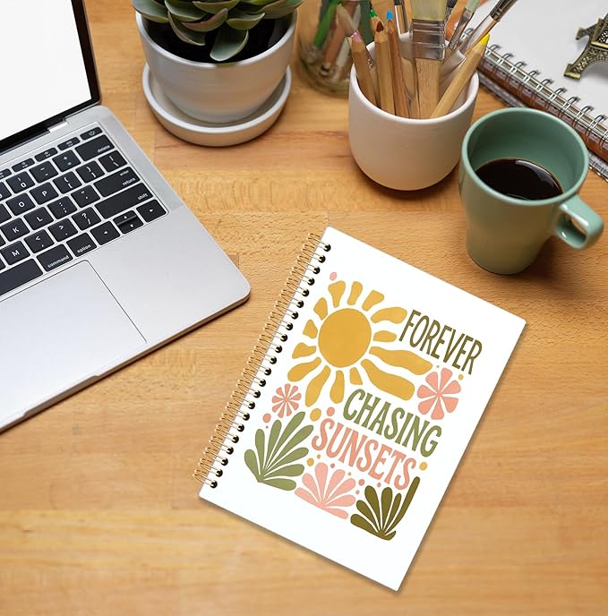 KRHFG Boho Floral Summer Spiral Notebook, Inspirational Gifts for Women Journal, Forever Chasing Sunsets Summer Motivational Therapy Notebooks, Boho Office Supplies, 5.5x8.3 Inch