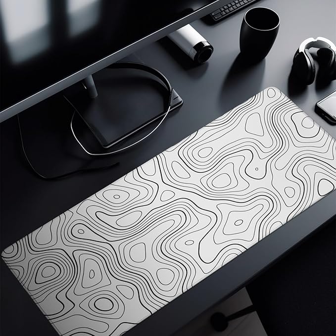 Topographic Contour Gaming Mouse Pad White Large Mouse Pad for Keyboard and Mousepad Desk Mat with 3mm Non-Slip Base and Stitched Edge for Gaming and Office Computer Mat Protector Mat 31.5x11.8 Inch