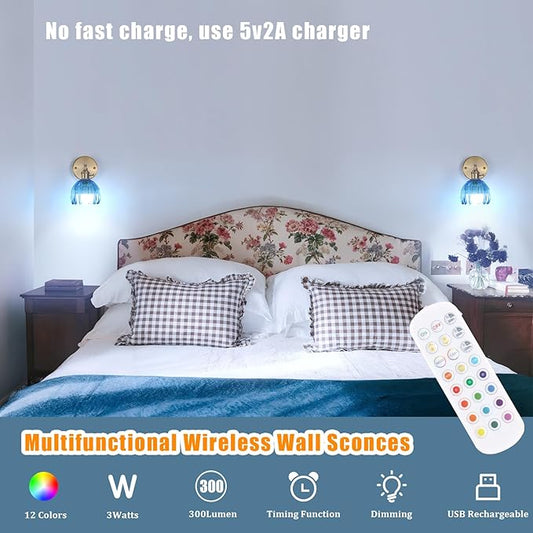Vintage 5000 mAh Battery Operated Wall Sconce with Blue Clear Tulip Glass Lampshade Rechargeable Battery Powered Wall Light with Remote Control for Bedroom Doorway, Set of 2