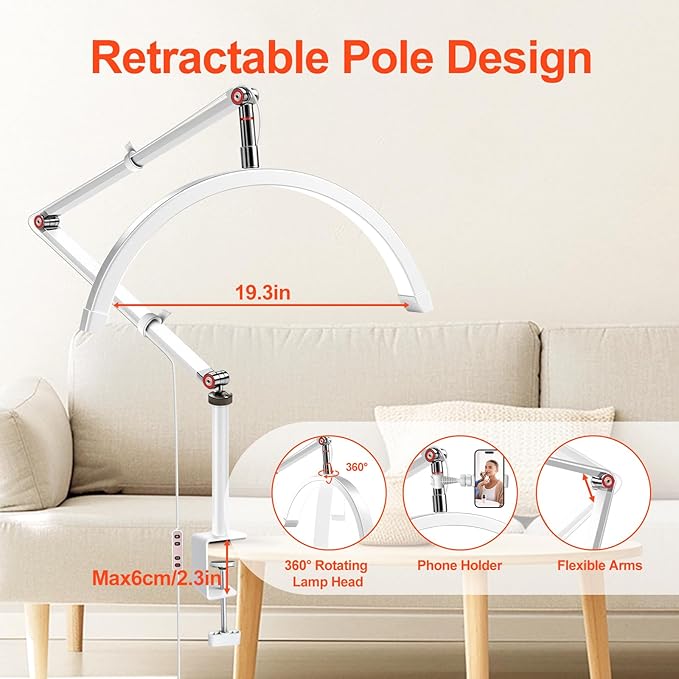 Professional LED Desk Lamp, Half Moon Light for Desk with Clip&Phone Holder, Esthetician Light with Adjustable 10-Level Dimming & 3 Color for Work,Office,Makeup,Nail Salon,Tattoo,Craft (White)