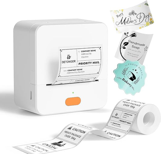 Label Maker Machine with Tape P1 2 Inch Thermal Printer Portable Bluetooth Shipping Label Printer Sticker Maker Labeling Machine Home Office School Business Use Rechargeable White