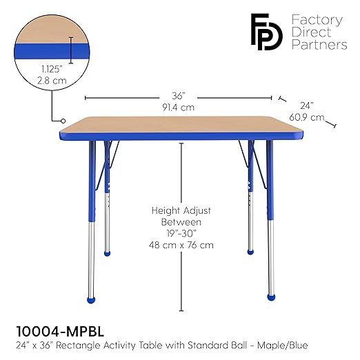 Factory Direct Partners FDP Rectangle Activity School and Office Table (24 x 36 inch), Standard Legs with Ball Glides, Adjustable Height 19-30 inches - Maple Top and Blue Edge