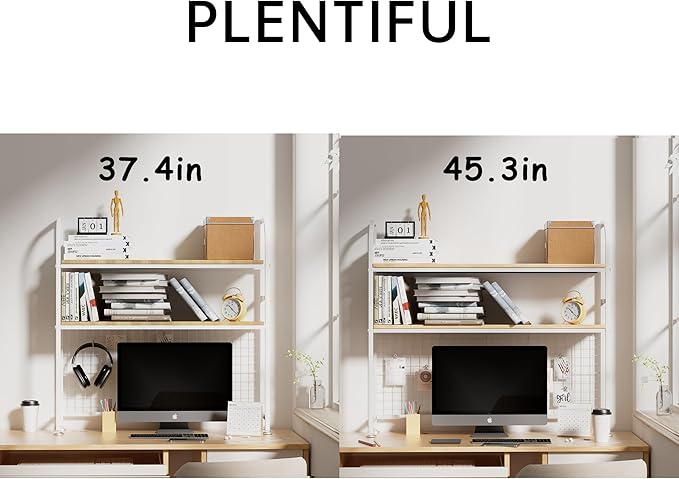 2-Tier Desktop Hutch Bookshelf - Metal Desk Shelf Bookcase with Grid Panel, Countertop Storage Organizer Rack for Dorm or Office, White, 45.3" W