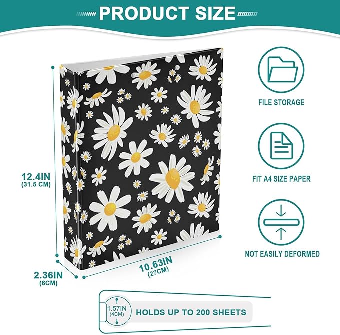 Cute Daisy Flowers Decorative 3 Ring Binder 2 Inch Large View Binders with Pockets File Organizer for Office College School, 1Pack
