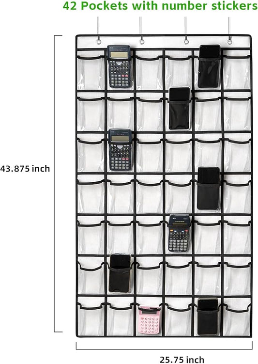 42 Clear Pockets Classroom Pocket Chart for Cell Phones and Calculator, Pocket Chart Organizer for Classroom Phone Storage Holder with 42 Number Sticker and Hooks (White)