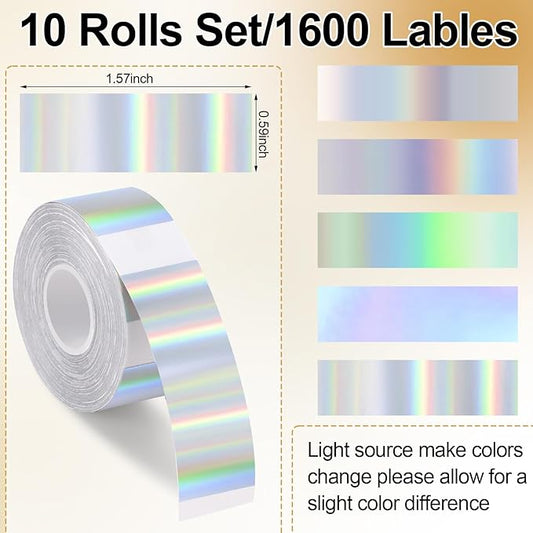 1600 Pcs Label Tapes 15 x 40 mm Laminated Stickers Replacement Compatible with D30 Portable Thermal Label Paper Printer Tapes for Office 160 Pcs/Roll (Holographic Silver)