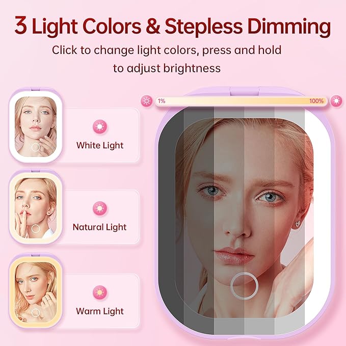 Benbilry Lighted Compact Travel Mirror with 3 Color Lights, 1X/3X Magnifying Ultra Slim Rechargeable Pocket Mirror for Purse, 2-Sided, Handheld, Folding, Portable, Purple
