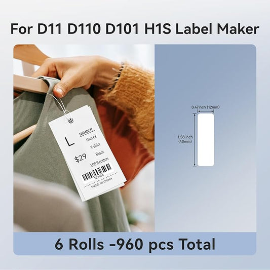 Label Maker Tape NIIMBOT D11 6 Rolls Adapted Cable Label Print Paper Standard Laminated Office Labeling Tape Replacement for D11 Handheld Label Machine Oil Proof Waterproof Tearproof (12 * 40WHITE)