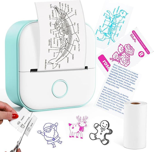 Memoking Sticker Printer - Mini Thermal Sticker Printer, T02 Inkless Pocket Label Maker, Bluetooth Portable Photo Printer, Instant Print Perfect for Students School Supplies,Flashcards, Journals